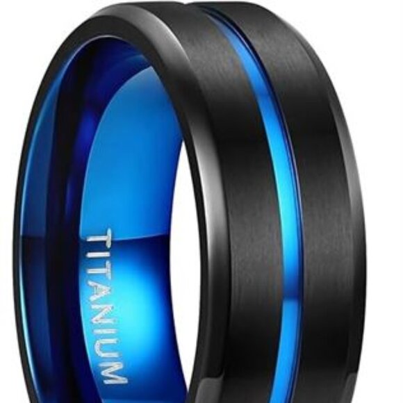 7, TIGRADE Titanium Ring 8mm Blue Centre Groove Wedding Band Comfort Fit Matte - Picture 1 of 2